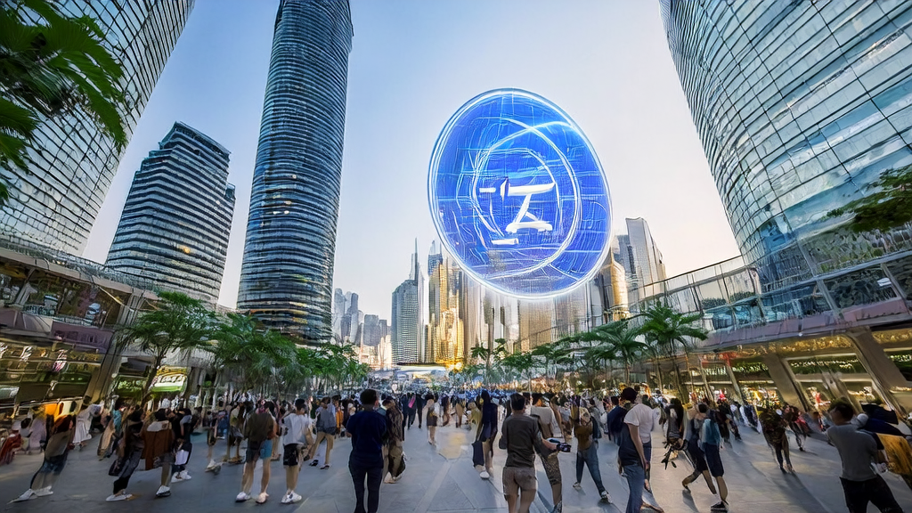 东南亚城市的街头，展示着AI智能获客系统的运作场景，年轻消费者通过智能手机与系统互动， Tencent标志在高楼顶端闪耀。