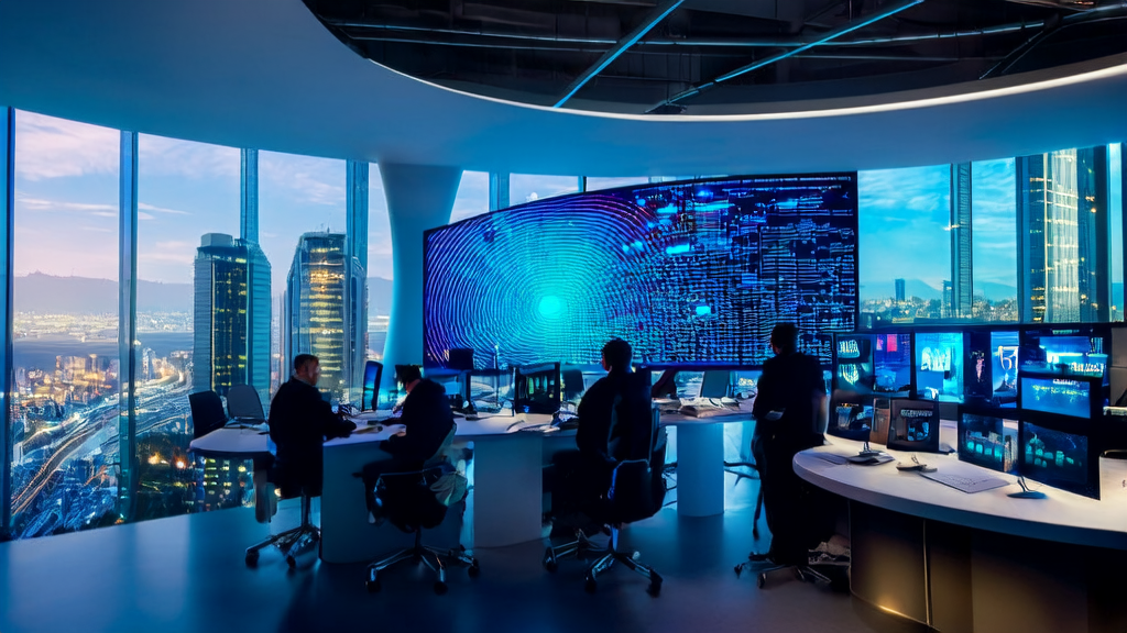 Engineers at Singapore's AI startup SixSense operating an advanced AI customer acquisition system against a backdrop of the bustling city skyline.