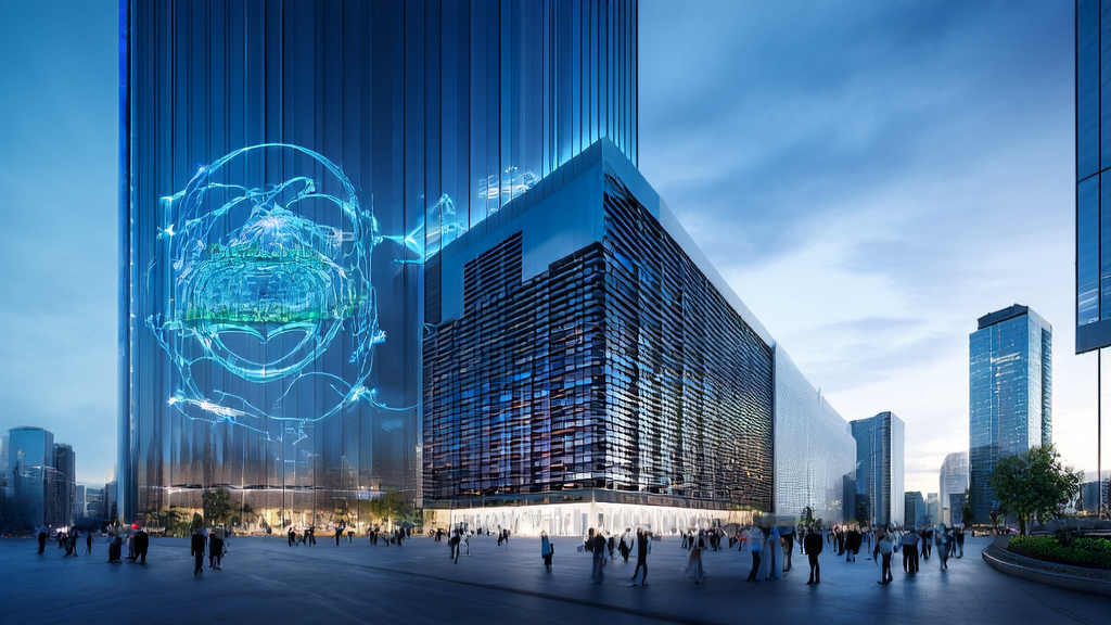 AI acquisition system and Qualcomm's data center in a futuristic city, showcasing the support of AI technology for cross-border e-commerce and SMEs.