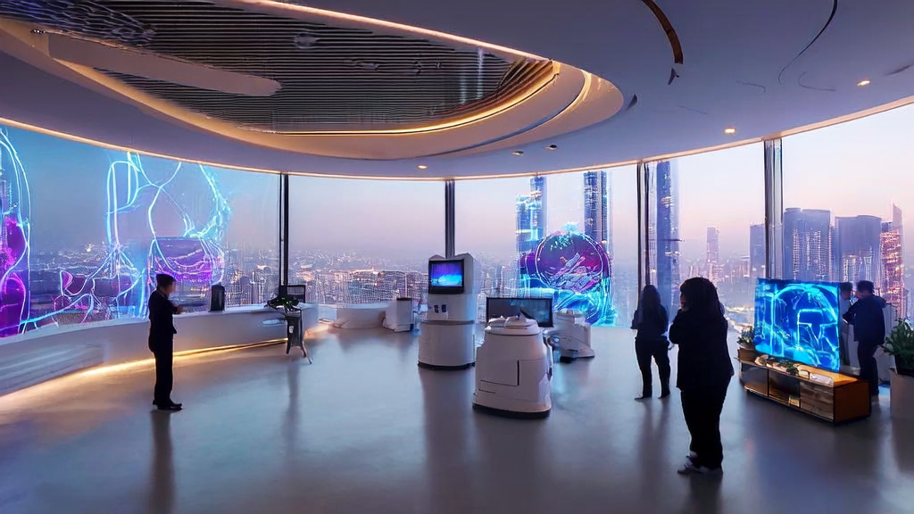 In a futuristic office, an AI acquisition system is running efficiently, with team members gathered around a transparent screen discussing cross-border e-commerce strategies.