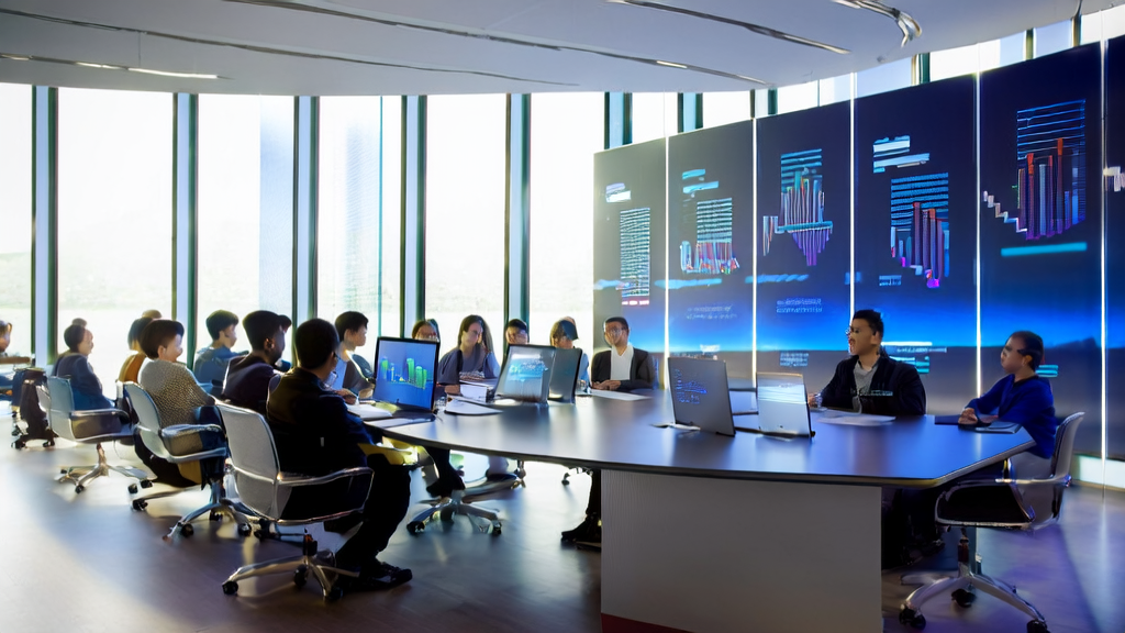 Young entrepreneurs discussing AI acquisition system in a modern office with sunlight streaming through the windows