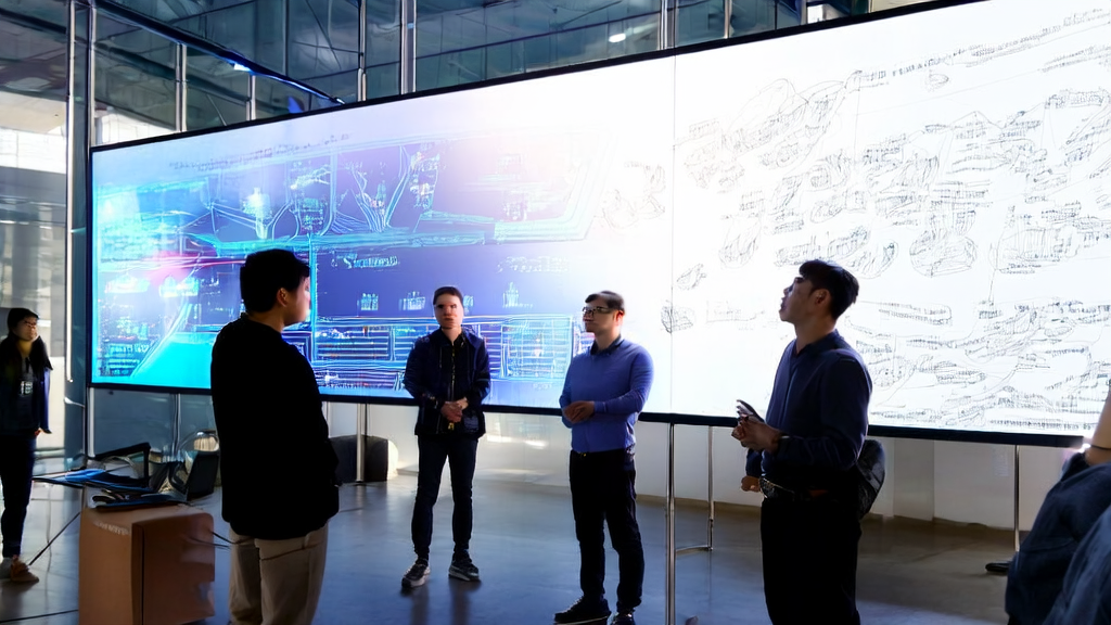 In a modern office building bathed in sunlight, entrepreneurs are discussing their latest AI acquisition system