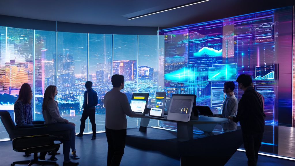 A futuristic office where a team discusses an AI acquisition system, with Amazon's AI code editor Kiro as the centerpiece