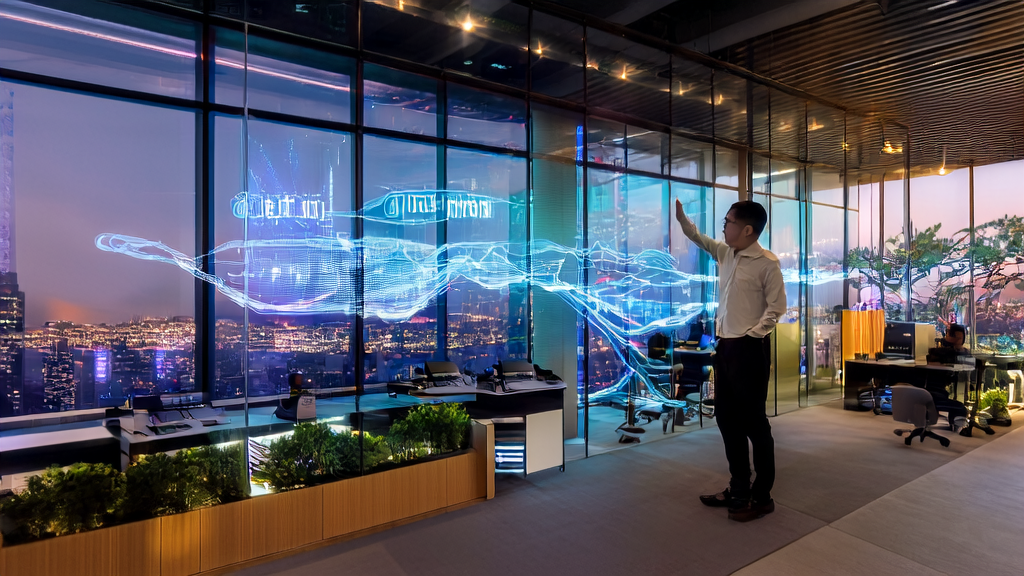 Entrepreneur interacting with AI acquisition system in a modern office, showcasing the JD JoyAI brand logo