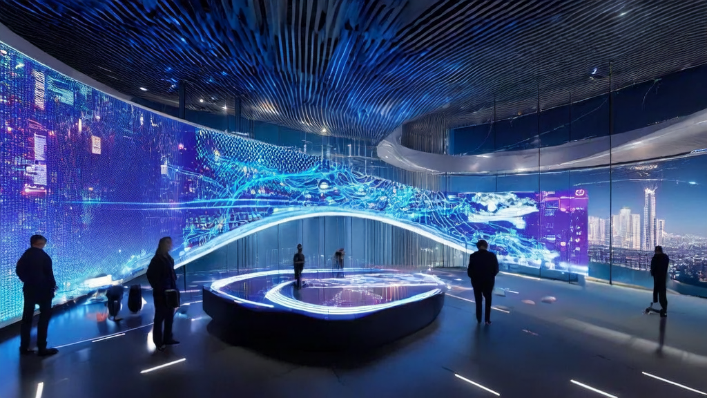 未来科技城市中的现代化办公楼内，工作人员使用AI智能获客系统分析数据，优化跨境电商营销效果。