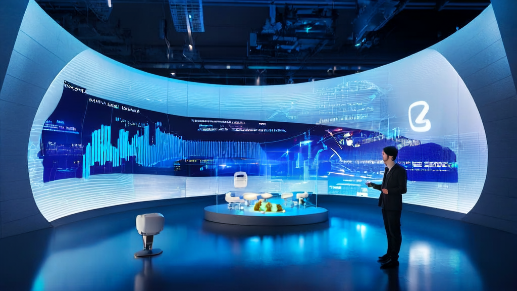 A futuristic office scene showcasing the use of AI acquisition system to optimize cross-border e-commerce marketing