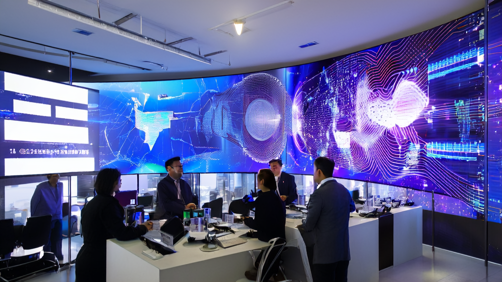 Modern office scene showcasing AI acquisition system optimizing overseas marketing strategies