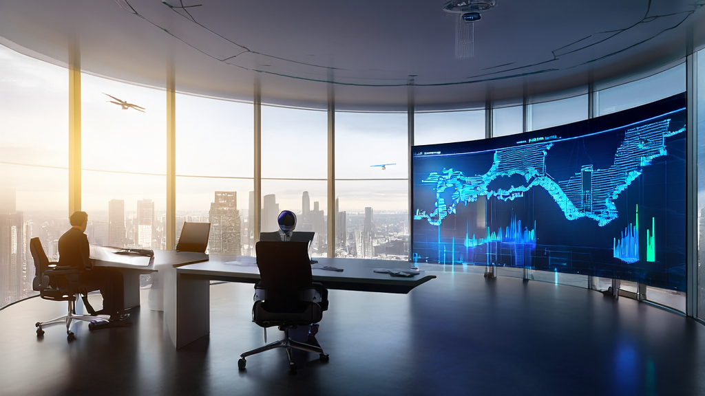 Modern office showcasing AI acquisition system interface with efficient customer acquisition and global market expansion