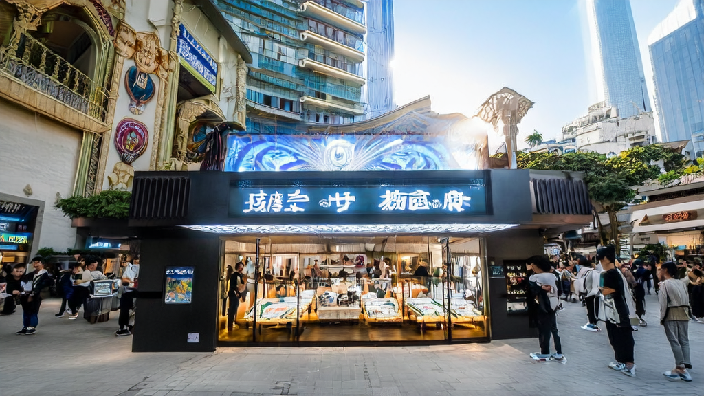 A store on a bustling Southeast Asian street showcases the RecGPT intelligent recommendation system, with customers browsing personalized product recommendations via interactive screens