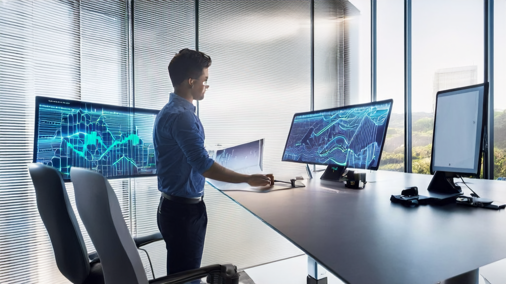 A young entrepreneur is using an AI-powered customer acquisition system to analyze client data, with sunlight streaming in through the window symbolizing new opportunities.