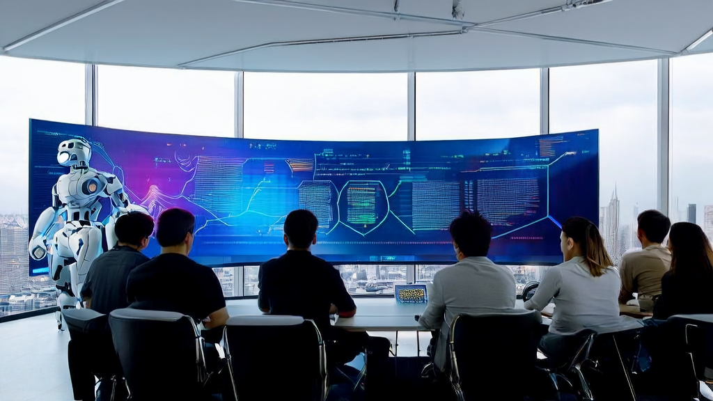 Young programmers in an office studying AI acquisition technology, with a flowchart on the wall illustrating the process from customer data collection to market application.