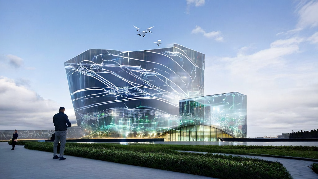 Headquarters of a tech company showcasing AI acquisition technology with a modern cityscape in the background
