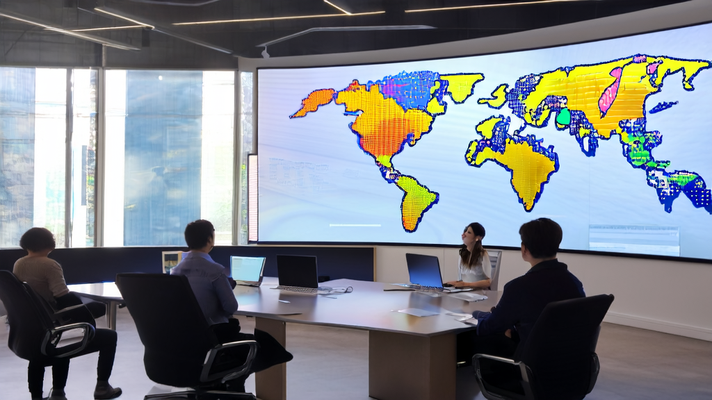 Foreign trade enterprise employees using MyShell ShellAgent 2.0 to create customer acquisition apps, with a world map and smart devices in the background