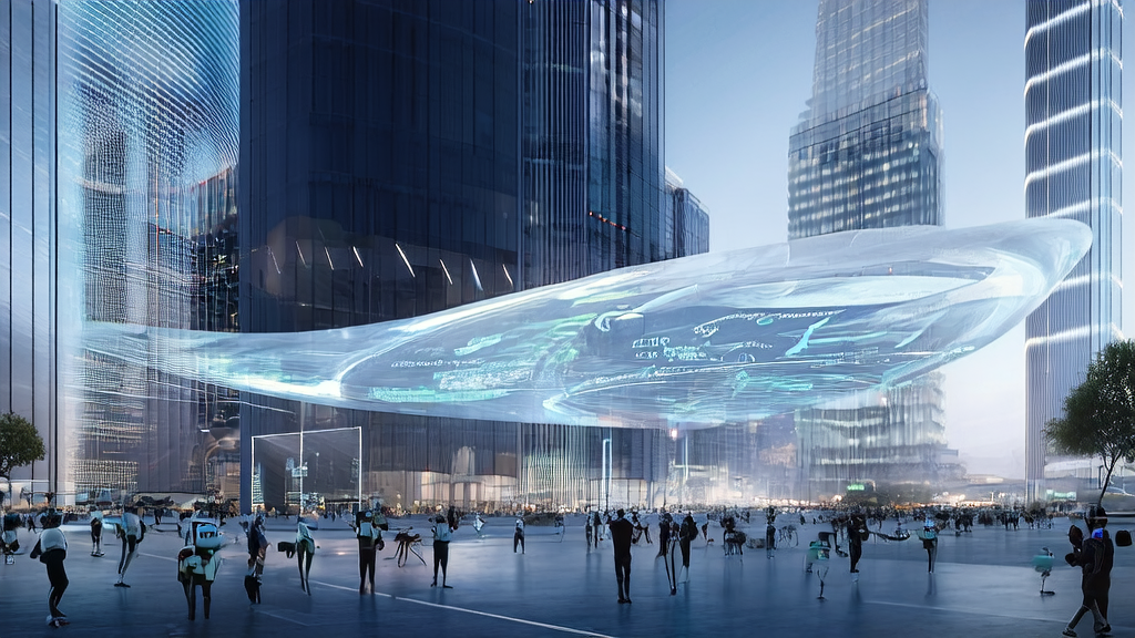 Tech company showcasing AI acquisition technology in a futuristic city