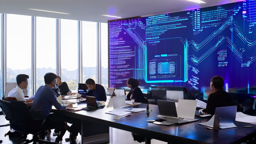 Employees in an office are discussing AI acquisition technology, with a screen displaying the architecture diagram of Tencent AI Lab's Cognitive Kernel-Pro open-source framework.