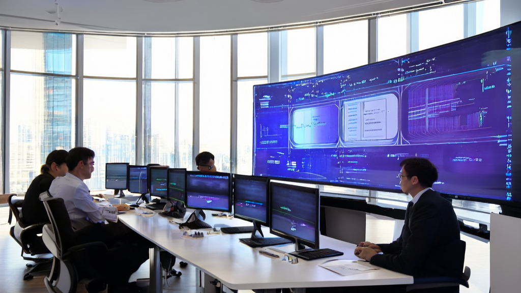 A modern office showcasing AI acquisition technology with a large screen displaying the operation interface of AI assistant Devin, exuding a sense of technology and futurism