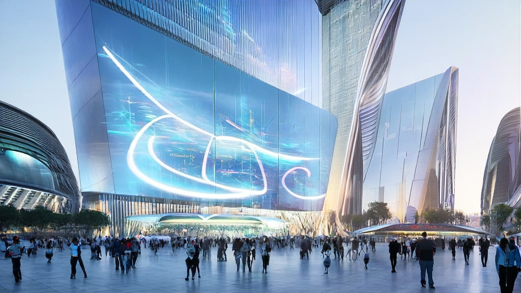 AI acquisition technology on display in a futuristic city, with robots and digital billboards catching passersby's attention