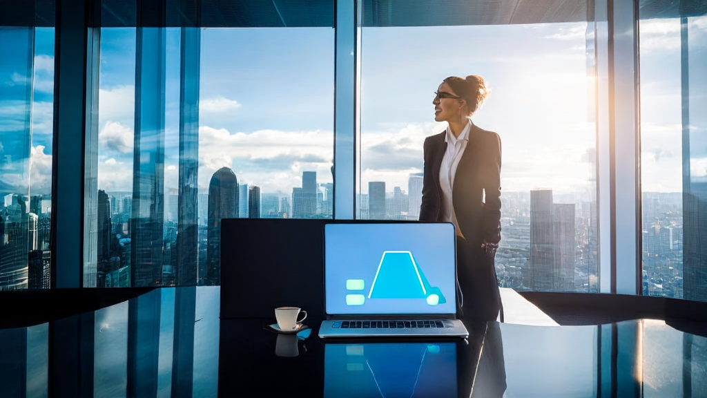 Modern office scene under sunlight, showcasing an export company CEO using Google's AI shopping new features