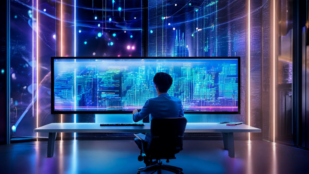 In a tech-filled office, an entrepreneur uses AG-UI technology and Twitter data analysis to identify potential customers