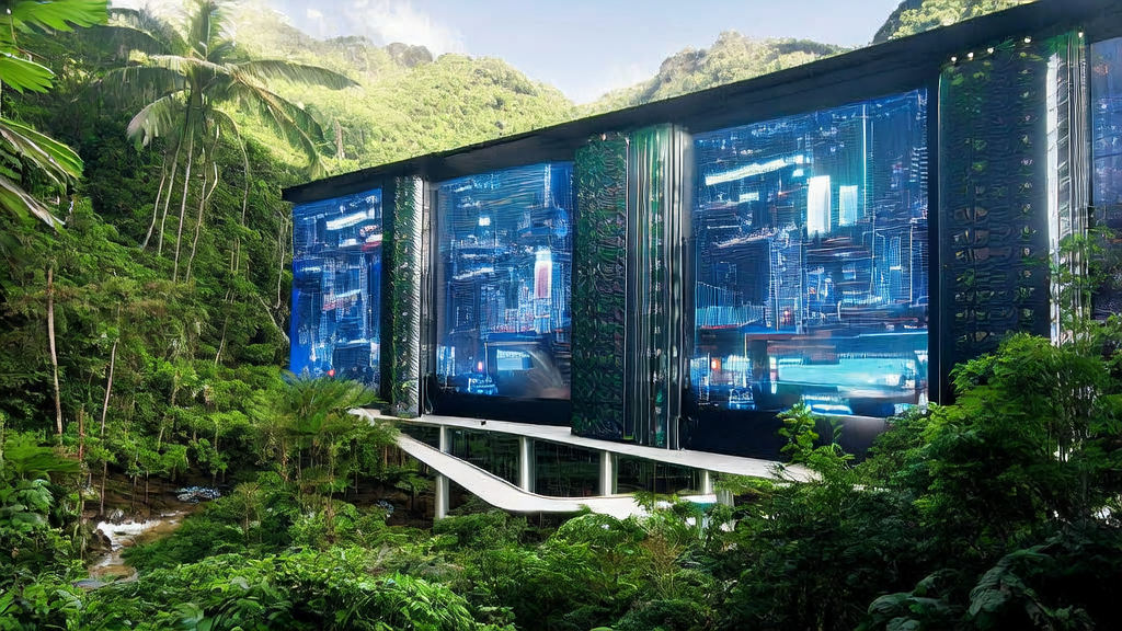 Modern data center in the tropical jungle of Southeast Asia, showcasing the operation of AI acquisition systems and customer interaction scenarios