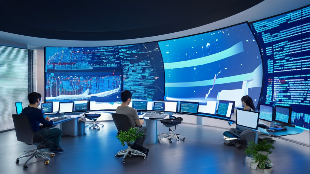 In a futuristic city, engineers are utilizing AI technology for Twitter data collection and analysis at a massive data center.