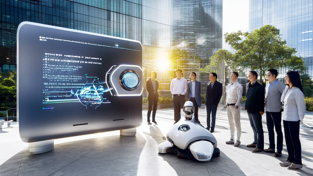 AI acquisition technology is transforming the future of the B2B market, showing a scene of tech professionals interacting with an AI robot, with the background featuring the Meeseeks benchmark announcement board by Meituan.