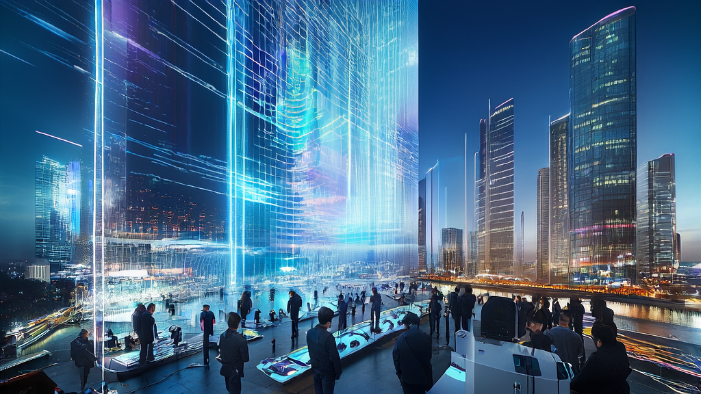 未来城市的AI获客场景：智能机器人、大数据屏幕和忙碌的办公室