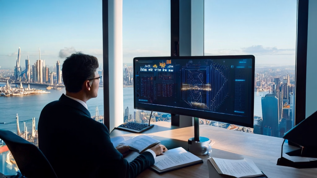 AI sales assistant Zoe analyzing Twitter data to find potential customers, with a background of a modern office and city skyline.