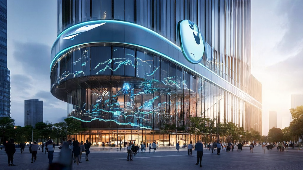未来城市的现代化办公楼中，智能机器人正在分析数据以实现精准客户筛选，背景是繁华街道和苹果公司标志。