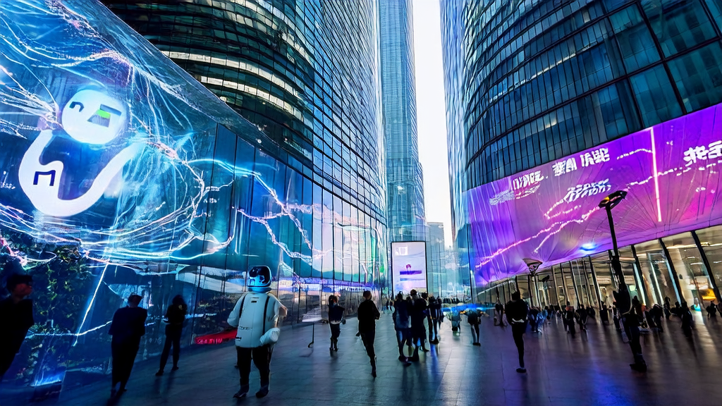 未来城市的科技中心,展示了2025年AI获客新策略的应用场景,包括智能机器人和“Google Skills”平台的广告。