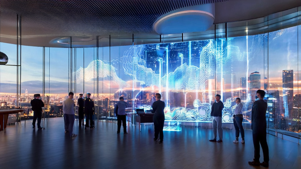 In a modern office building in a futuristic city, a team is discussing AI-driven hyper-personalized email marketing and customer prediction models