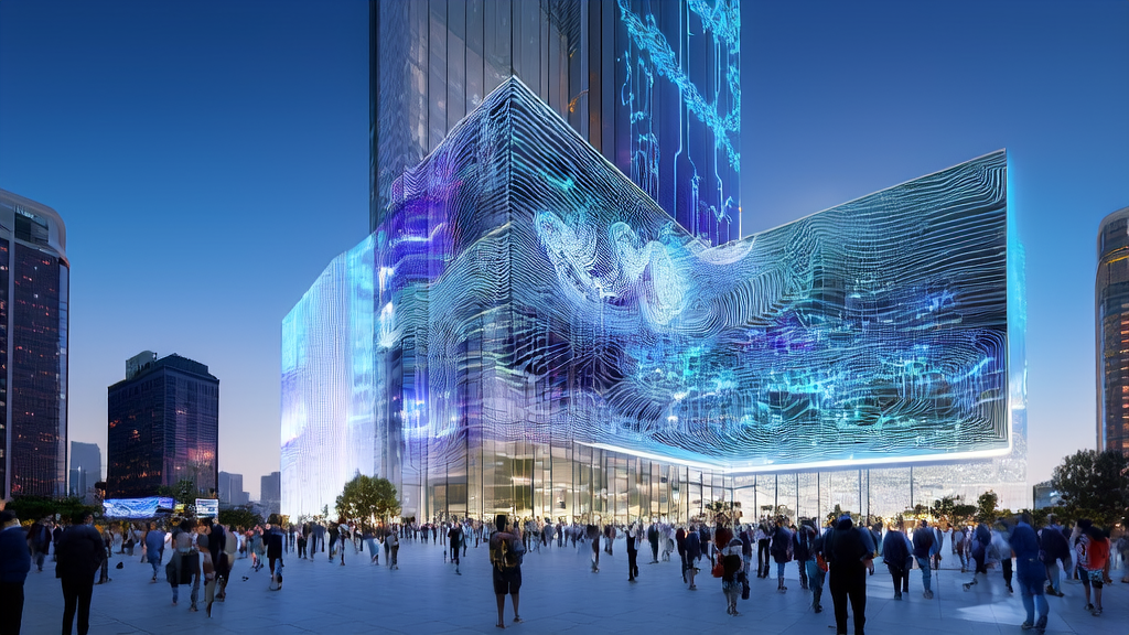 A futuristic city showcasing AI-driven customer acquisition solutions and high-precision 3D model conversion