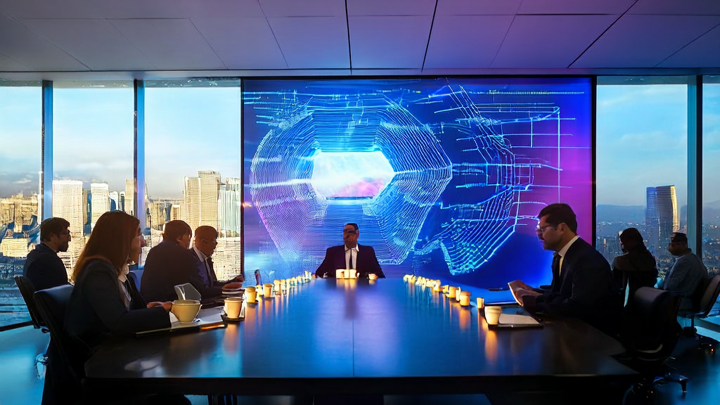 未来城市的现代化办公室中，员工们利用AI优化邮件营销，同时警惕技术风险。