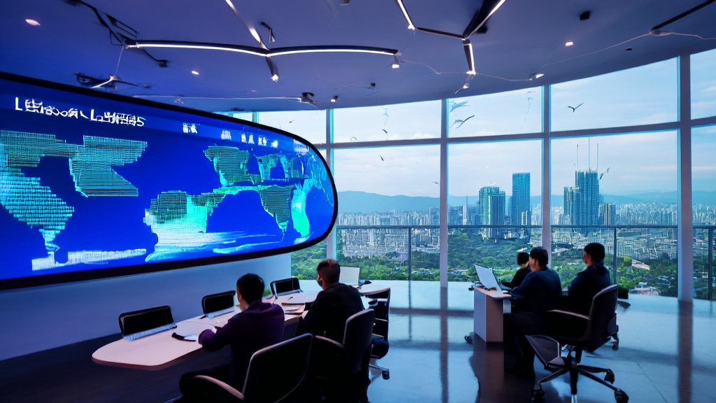 未来科技感的办公室中，跨境电商企业负责人使用AI工具分析全球市场和客户行为，实现精准获客。