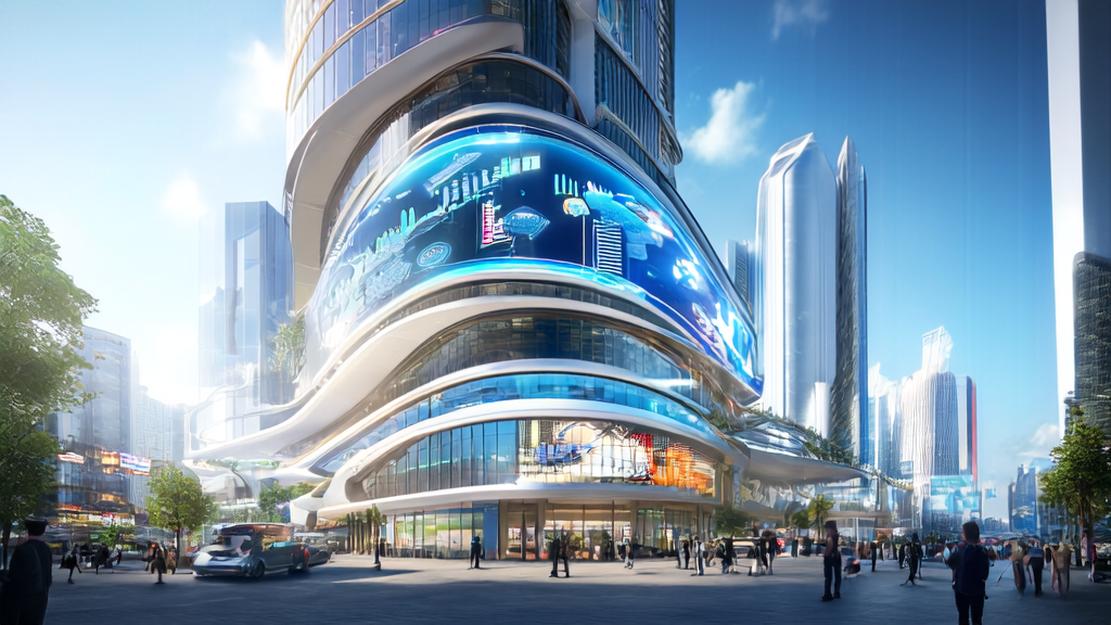 未来的智能办公大楼前，一位创业者使用搭载vivo端侧AI技术的手机进行AI关键词优化和邮件自动化操作，背景是繁华的商业街区和多语言AI内容生成的广告牌。