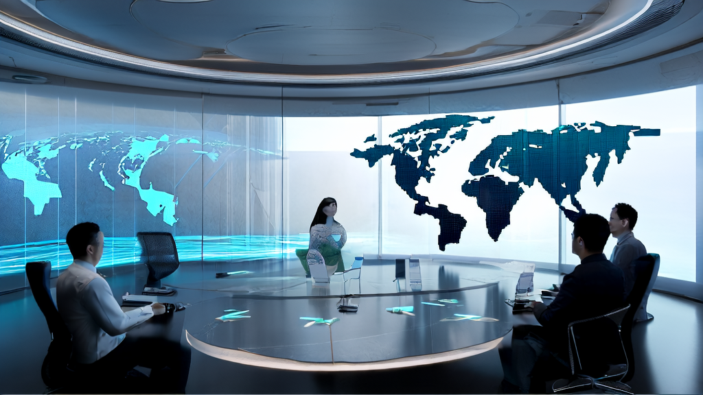 In a futuristic tech office, employees are operating complex AI systems with a 3D projection of a virtual robot girlfriend in the center of the meeting room, engaging in intense discussions.
