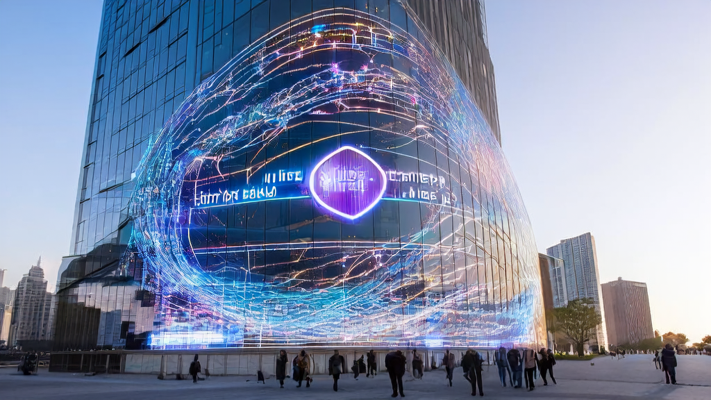 未来的城市中心，现代化办公楼前展示着“弹弓”AI资助计划的成果，跨境电商企业员工们正利用AI工具进行各种营销活动。