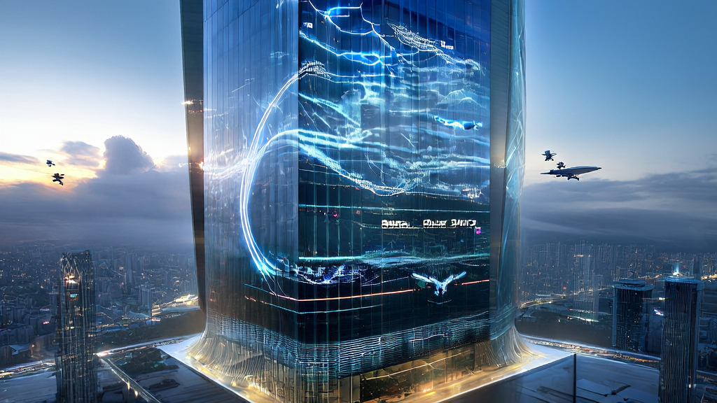 A futuristic city scene where a cross-border e-commerce entrepreneur uses AI tools for keyword optimization, showcasing the TRAE SOLO GA interface and real-time data streams.