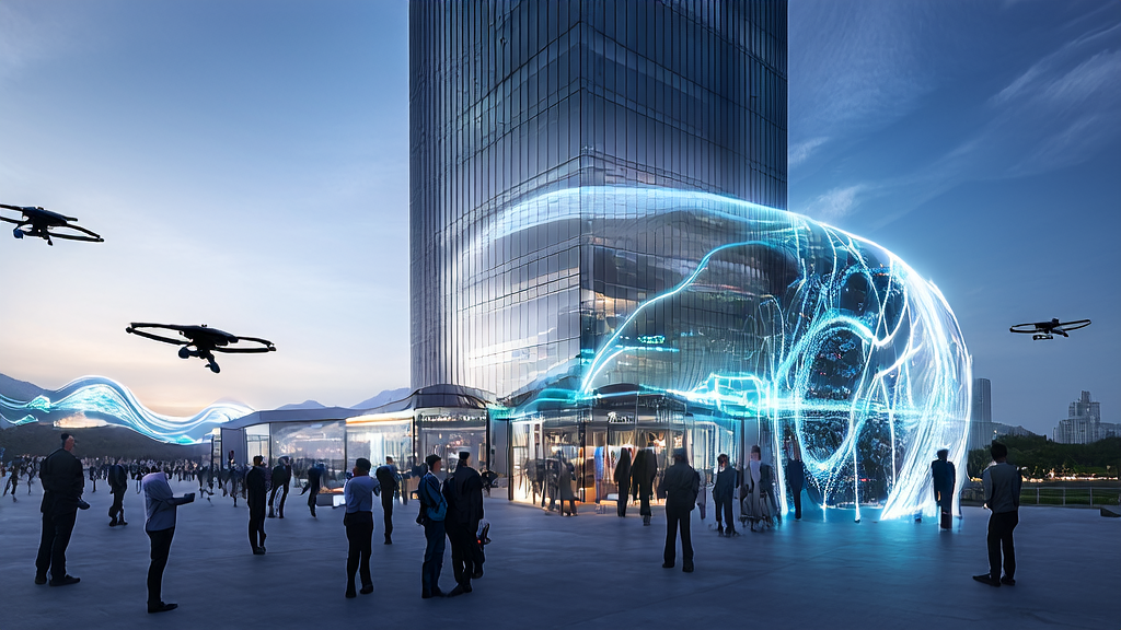 未来城市的高楼大厦间，商讨AI获客策略的团队和展示最新数据的屏幕