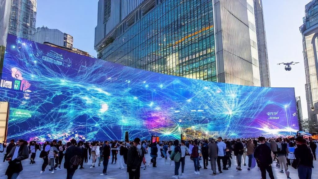 A futuristic city scene showcasing AI-powered advertising, highlighting how AI optimizes ad targeting and engages the audience