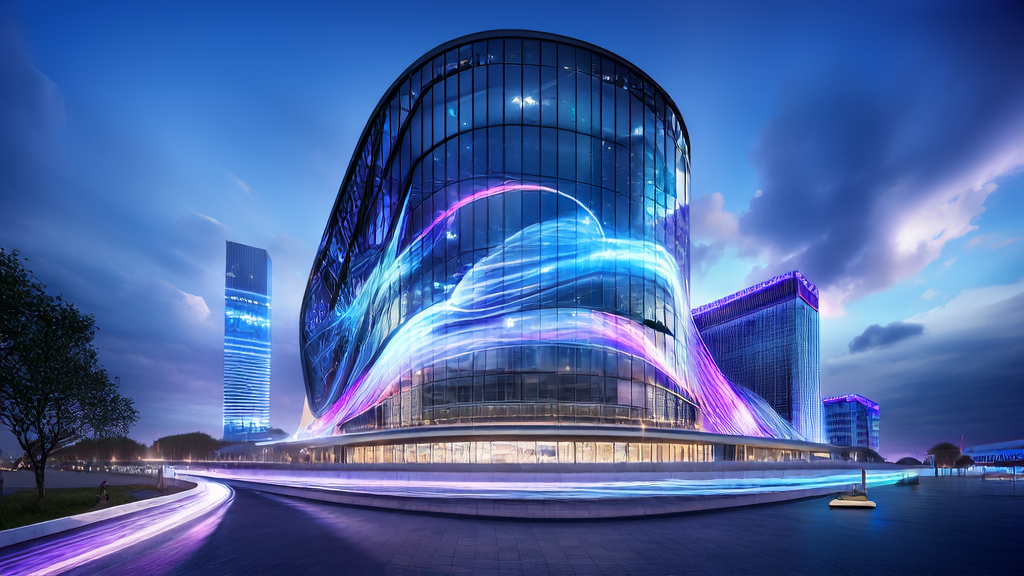 A modern office building in a futuristic city, showcasing the explosive growth of cross-border e-commerce through AI in 2025