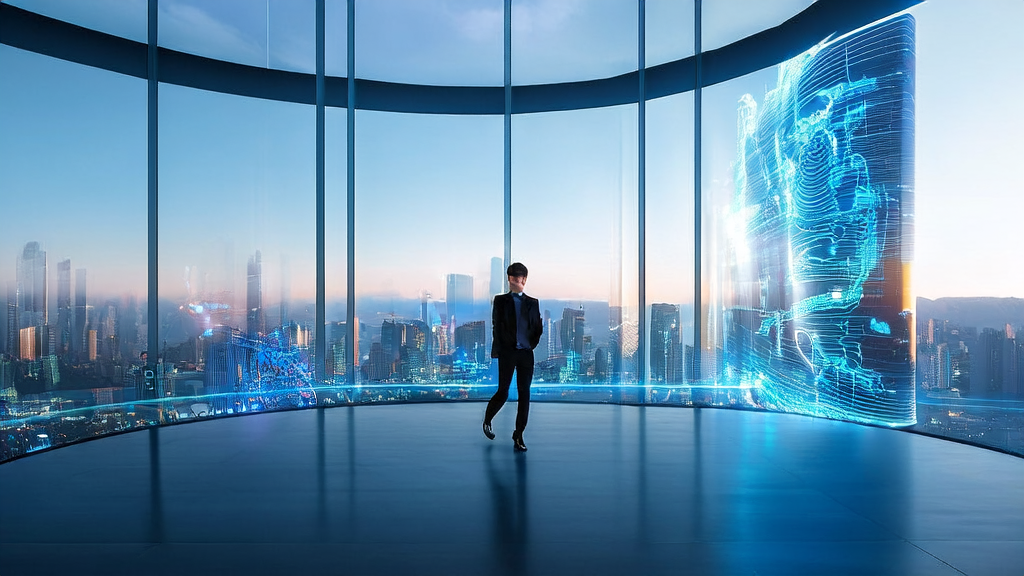 Businesswoman in a futuristic city using AI technology to optimize advertising targeting and achieve precise marketing