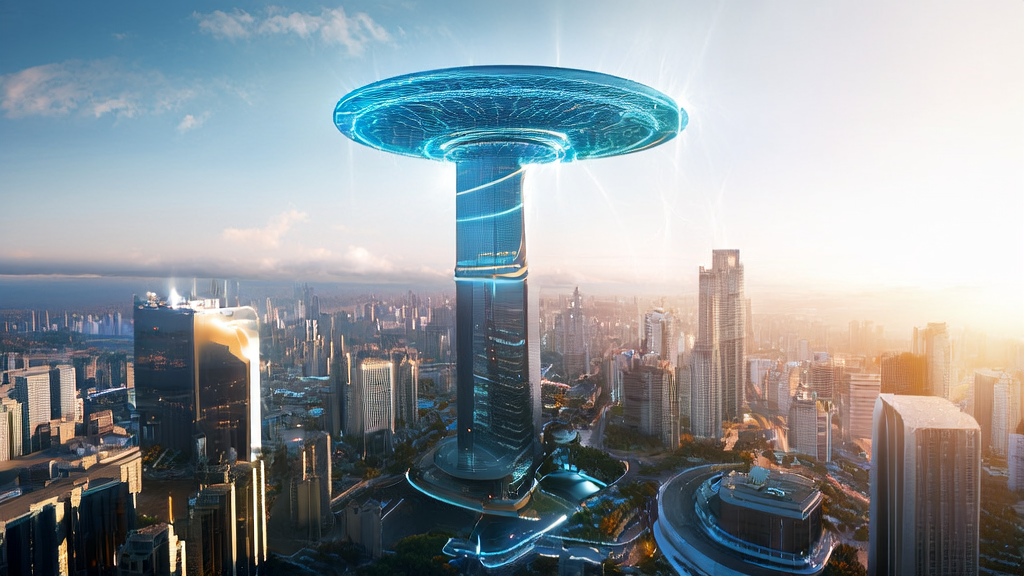 The AI control center in a futuristic city connected to global cross-border e-commerce offices, symbolizing the global impact of AI technology and Microsoft's investment in Portugal.