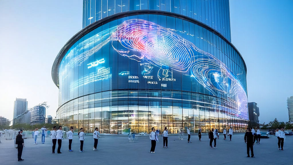 未来智能城市中，科技工作者讨论AI获客新趋势，展示AI客户预测模型和大数据分析