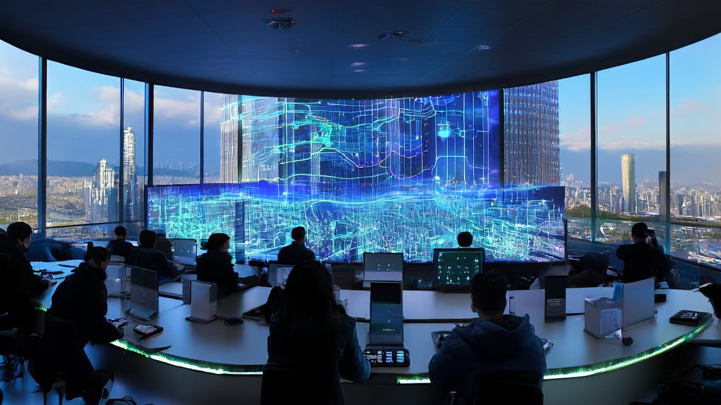 未来城市中的开发者使用腾讯AI程序员Ada进行高效编程，并通过AI客户预测模型精准筛选优质客户