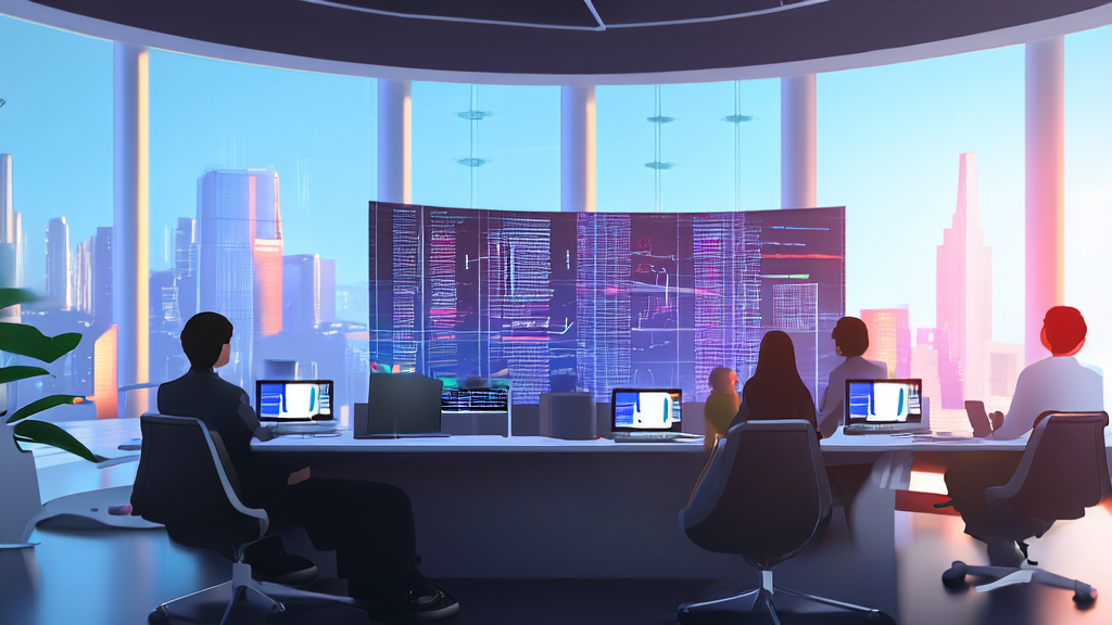 People in a futuristic city interacting with AI assistants via smartphones, showcasing the application of AI acquisition and customer data collection.