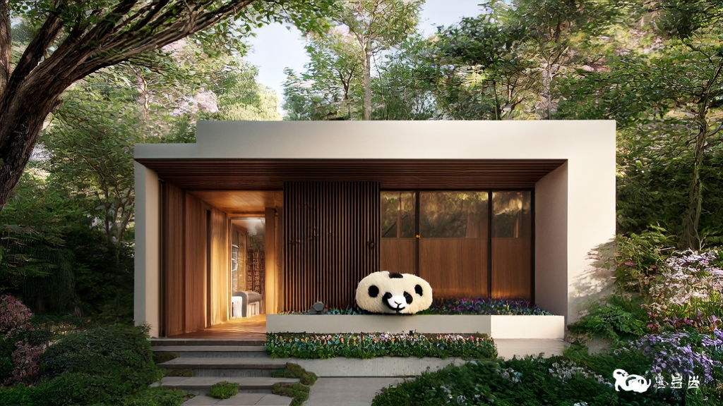 A wool felt panda wearing a wide-brimmed hat in front of a modern house, symbolizing the harmony between AI technology and nature