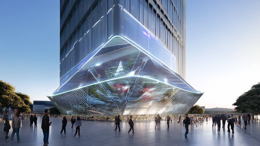 A high-tech skyscraper and AI robot sculpture in a futuristic city, showcasing new trends and innovations in AI acquisition