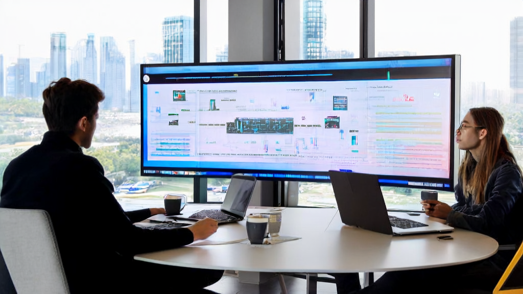 Entrepreneurs in an office discussing new AI acquisition trends and B2B tools application