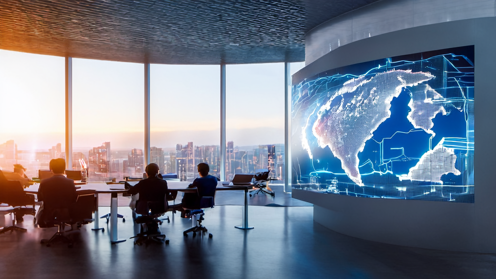 现代化办公室中员工使用360智能体平台进行AI客户预测，精准筛选优质客户